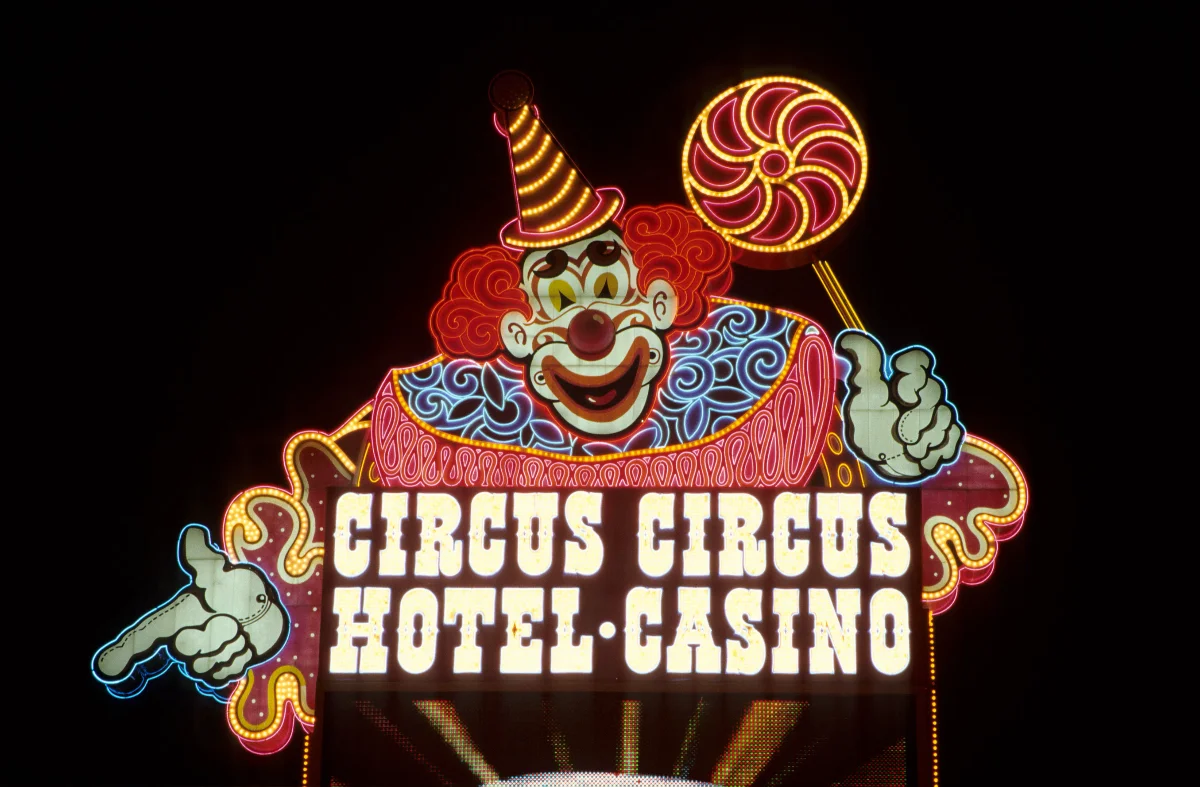Circus Circus neon clown sign at night