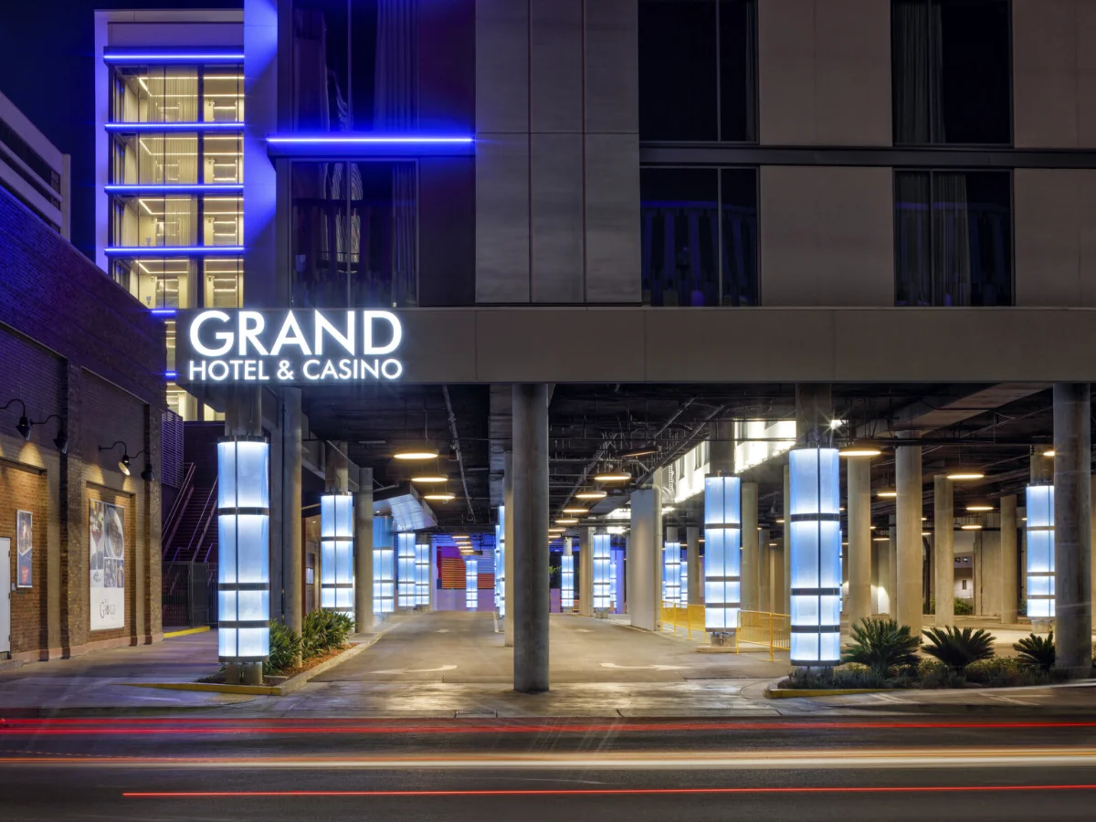 Downtown Grand Hotel & Casino entrance at night