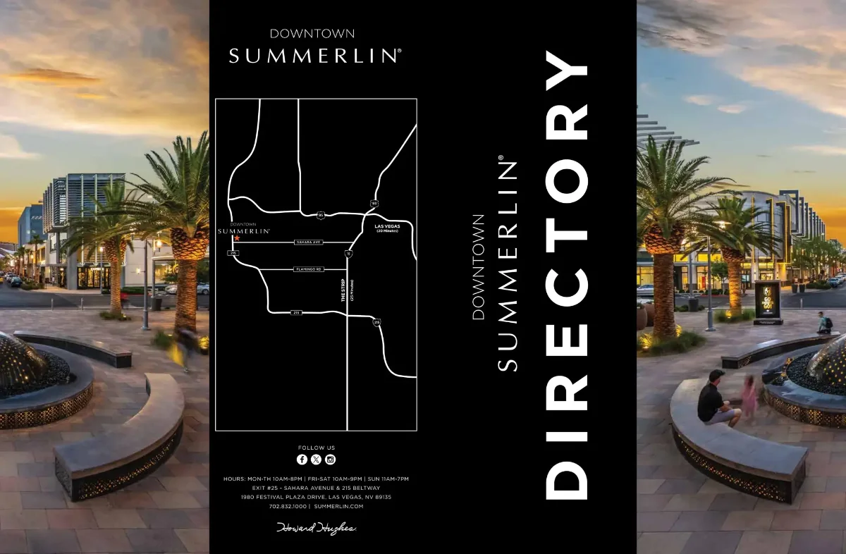 Downtown Summerlin visitor directory poster with a map, store hours, and the address on Festival Plaza Drive