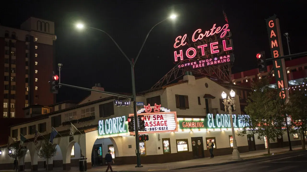 El Cortez Hotel exterior on Fremont Street at night