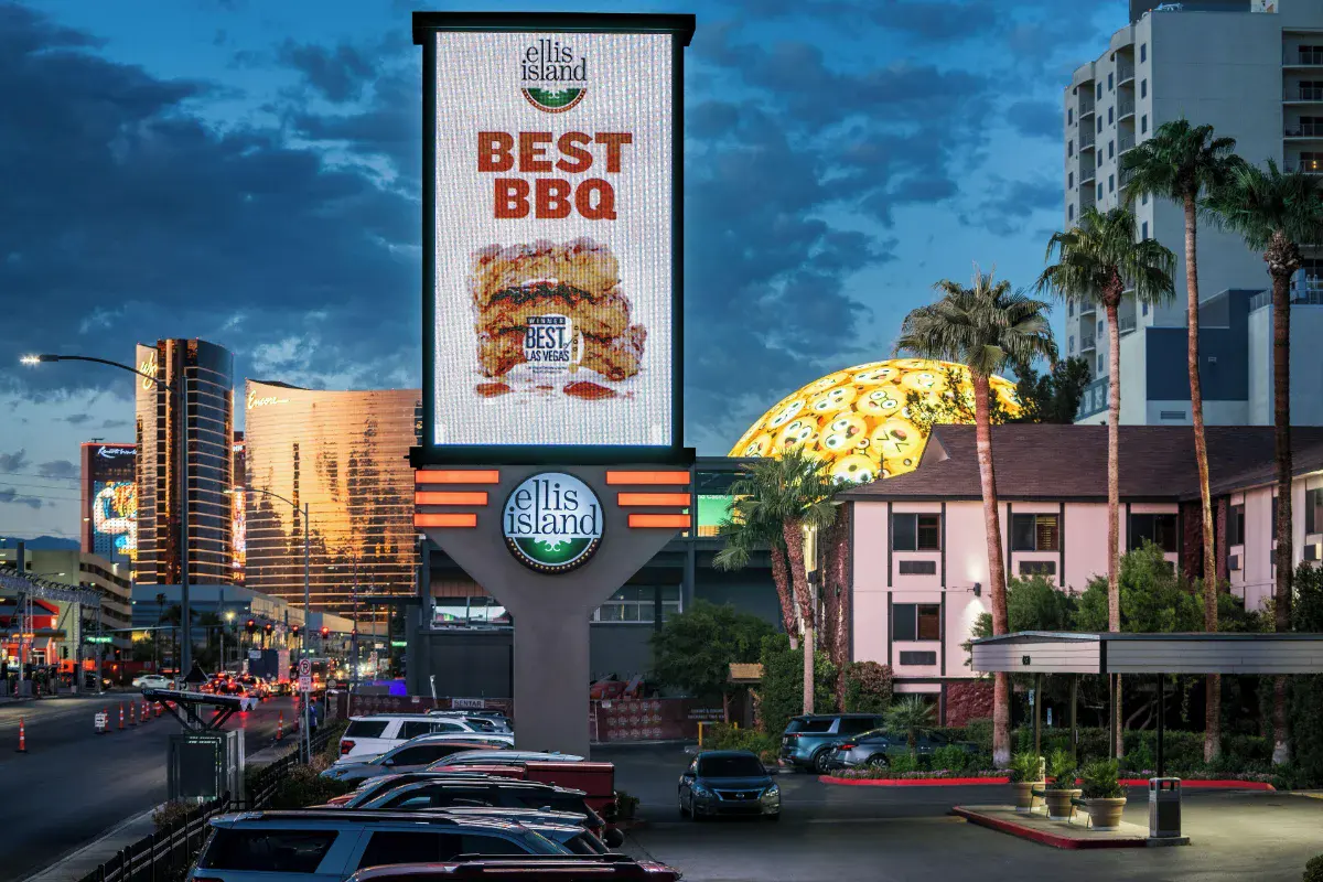 Ellis Island marquee sign with the Las Vegas Strip behind