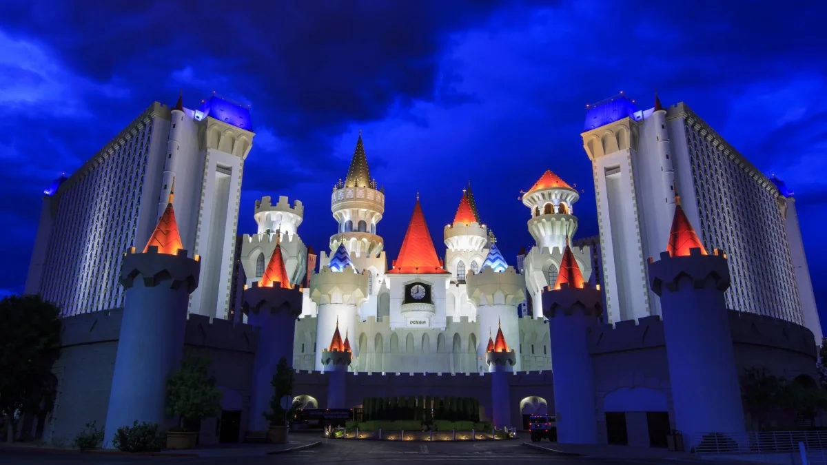 Excalibur Hotel & Casino castle illuminated at night