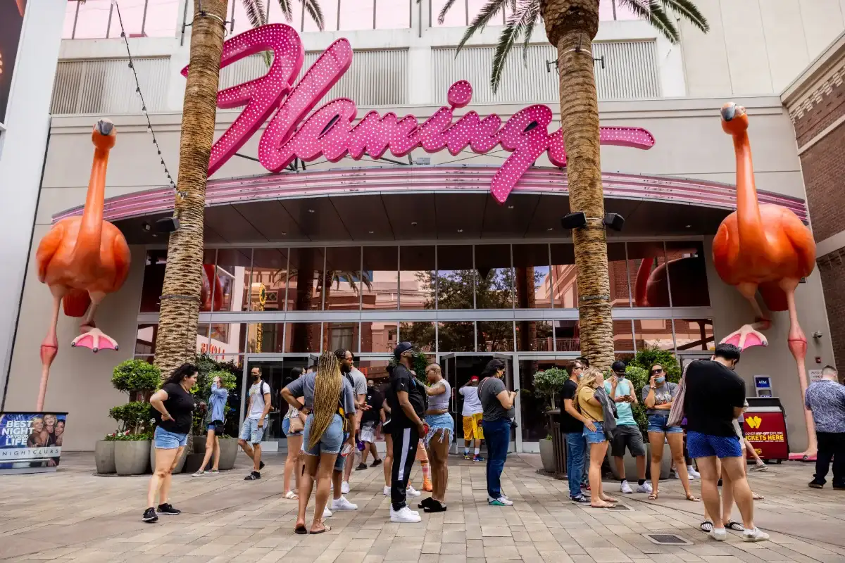 Flamingo Las Vegas entrance with flamingo statues