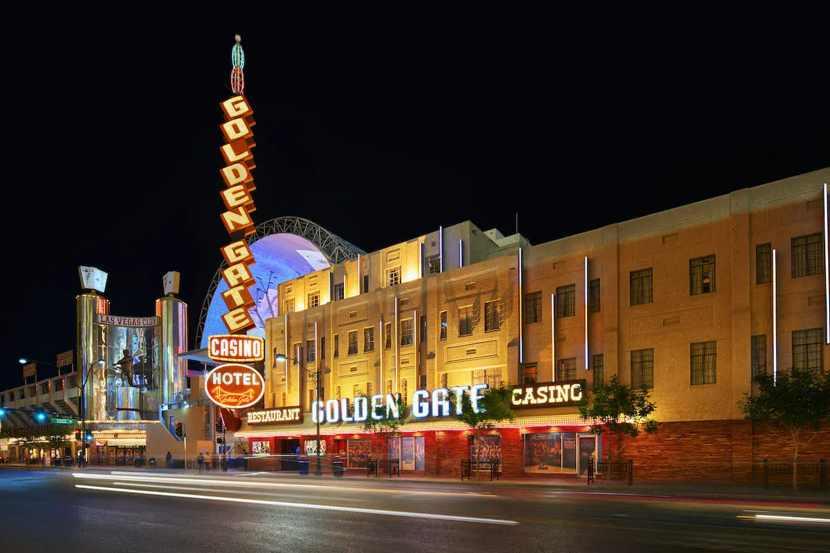 Golden Gate Hotel & Casino on Fremont Street at night