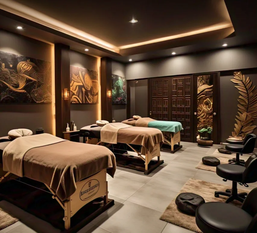 Dimly lit Kalologie spa treatment room with two draped massage tables, warm cove lighting, gold botanical wall art and a carved leaf sculpture