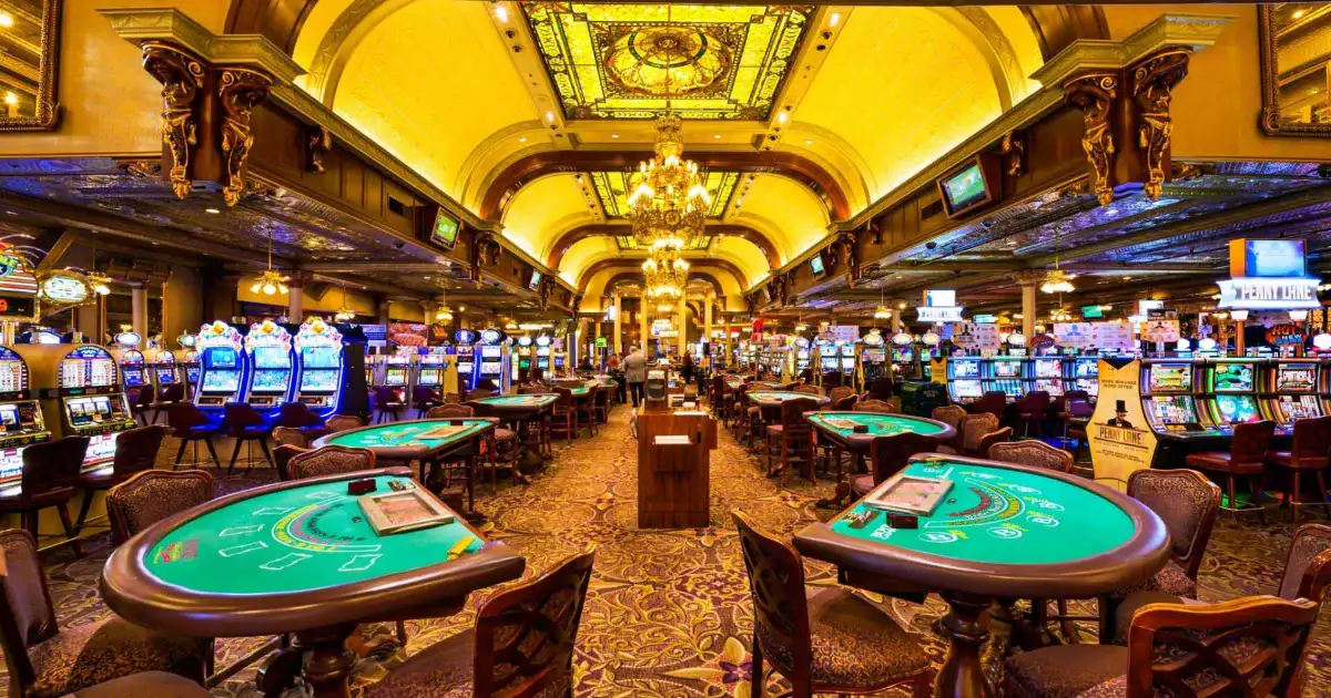 Table games under stained glass ceiling at Main Street Station
