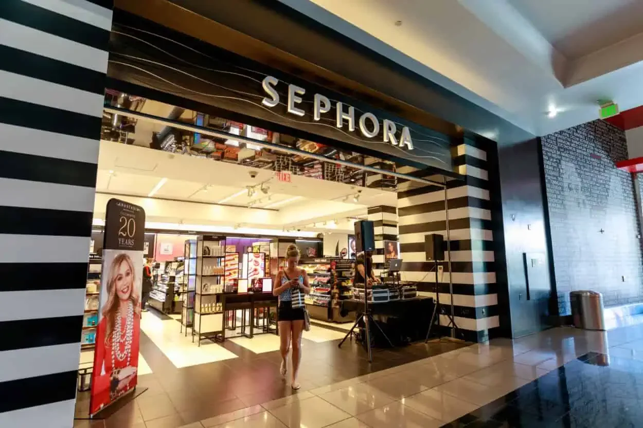 Sephora storefront with a black-and-white striped facade at Miracle Mile Shops