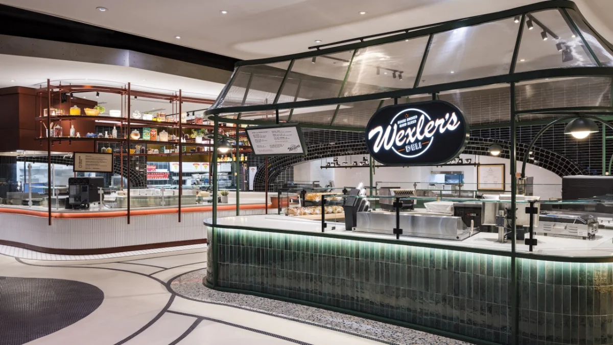 Wexler's Deli counter and open kitchen station inside Proper Eats Food Hall at ARIA
