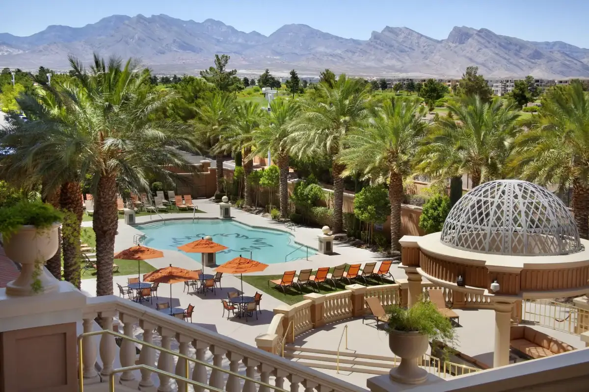 Pool deck with mountain views at Suncoast