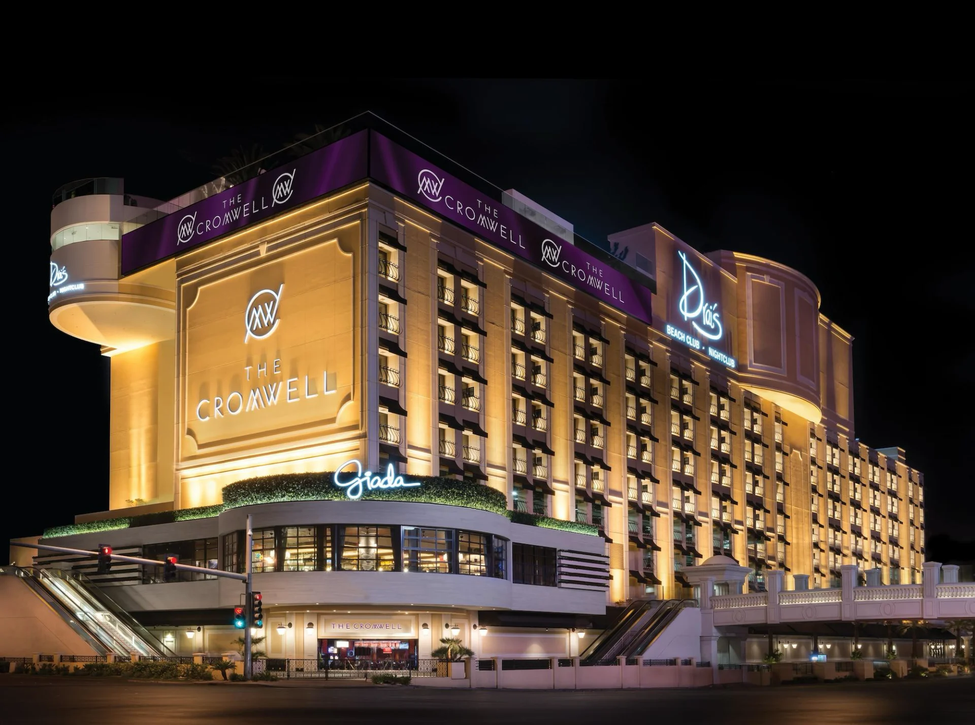 The Cromwell Las Vegas illuminated facade at night on the Strip