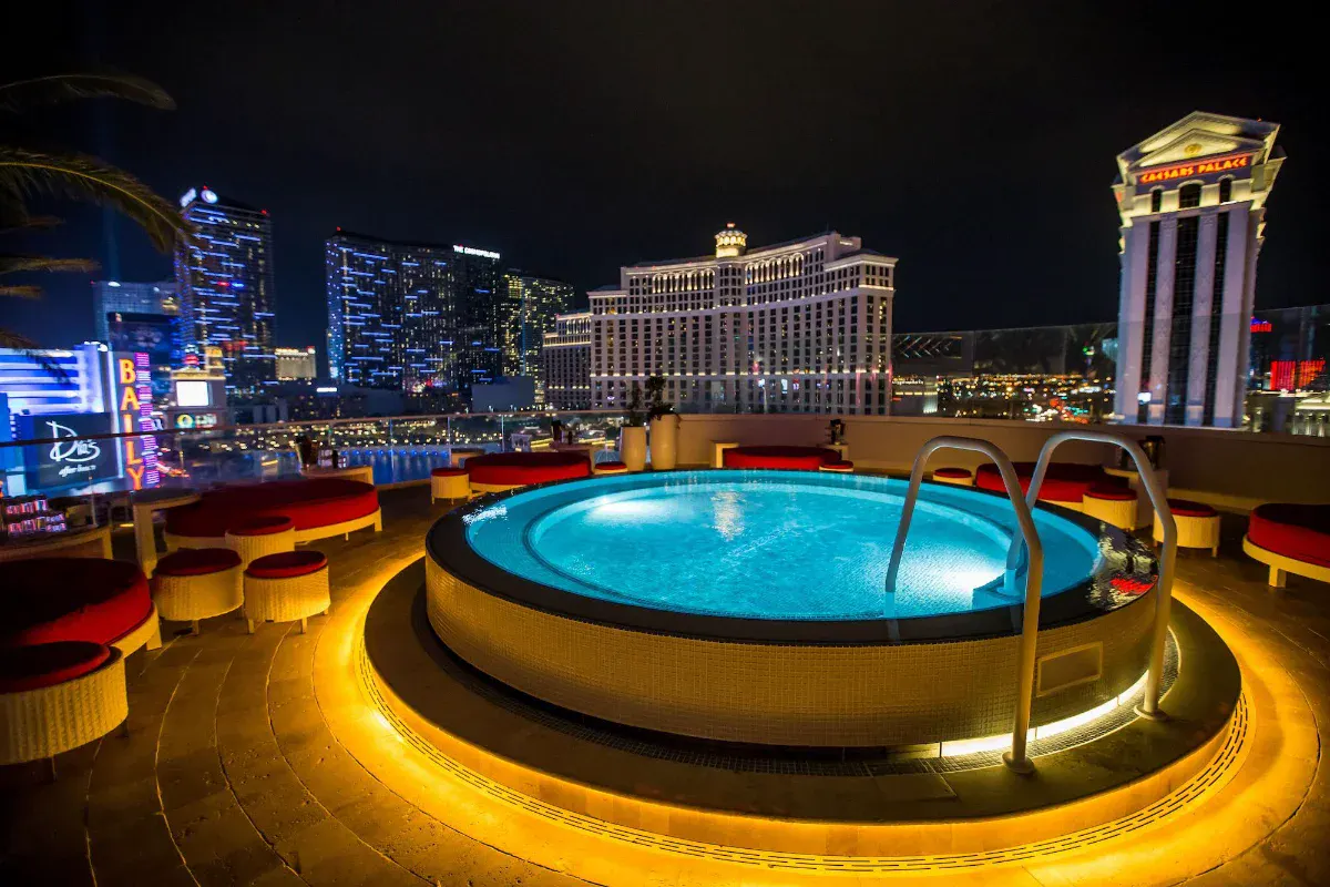 Rooftop pool overlooking the Strip skyline at The Cromwell