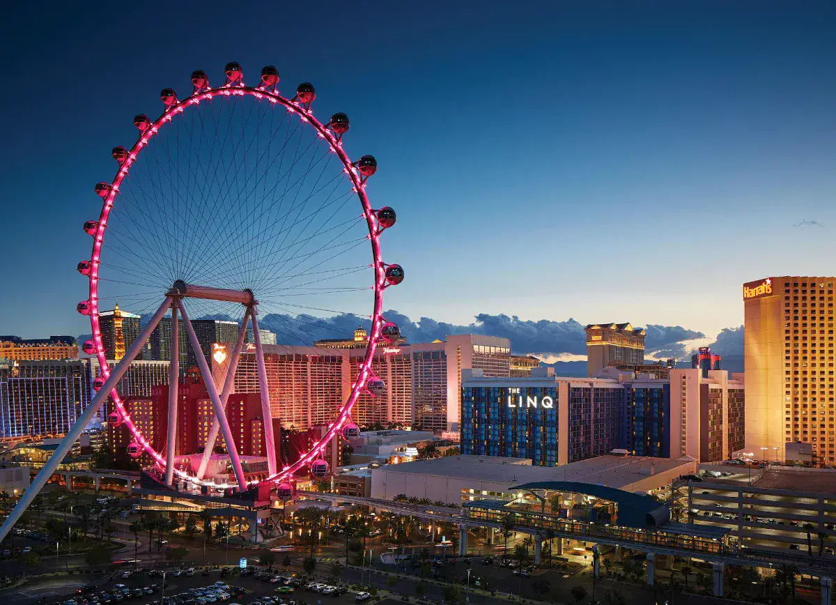 Aerial view of the High Roller wheel and The LINQ at dusk