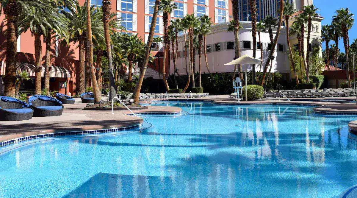 Outdoor pool lined with palm trees and loungers at Treasure Island