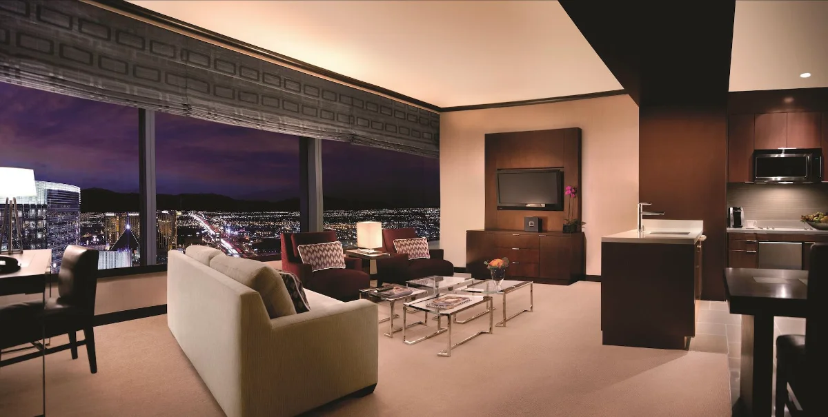 Suite living room with floor-to-ceiling Strip views at Vdara