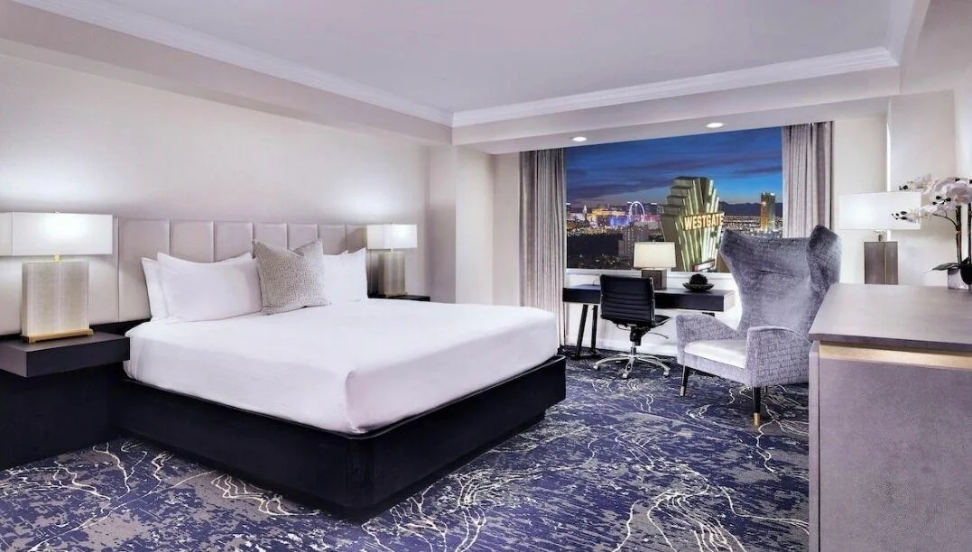 King guest room with a Strip skyline view at Westgate Las Vegas
