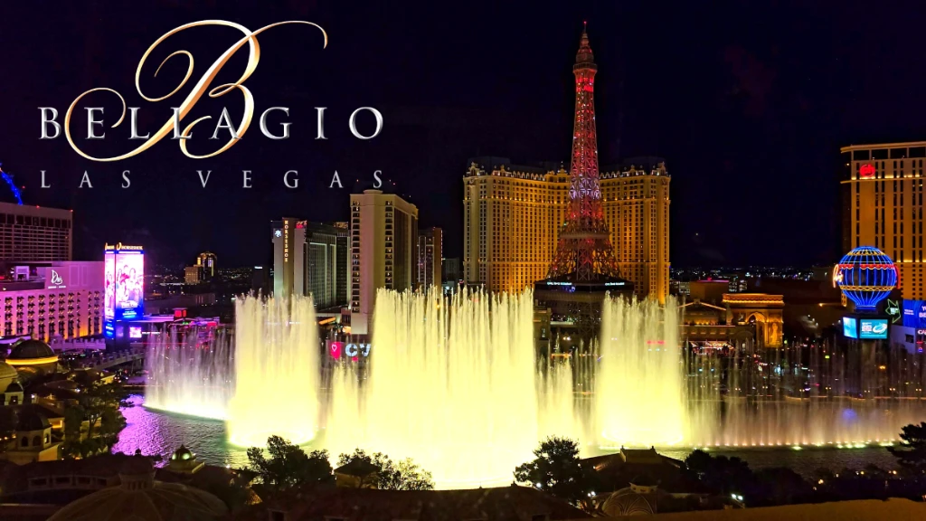 Bellagio fountains wide evening view