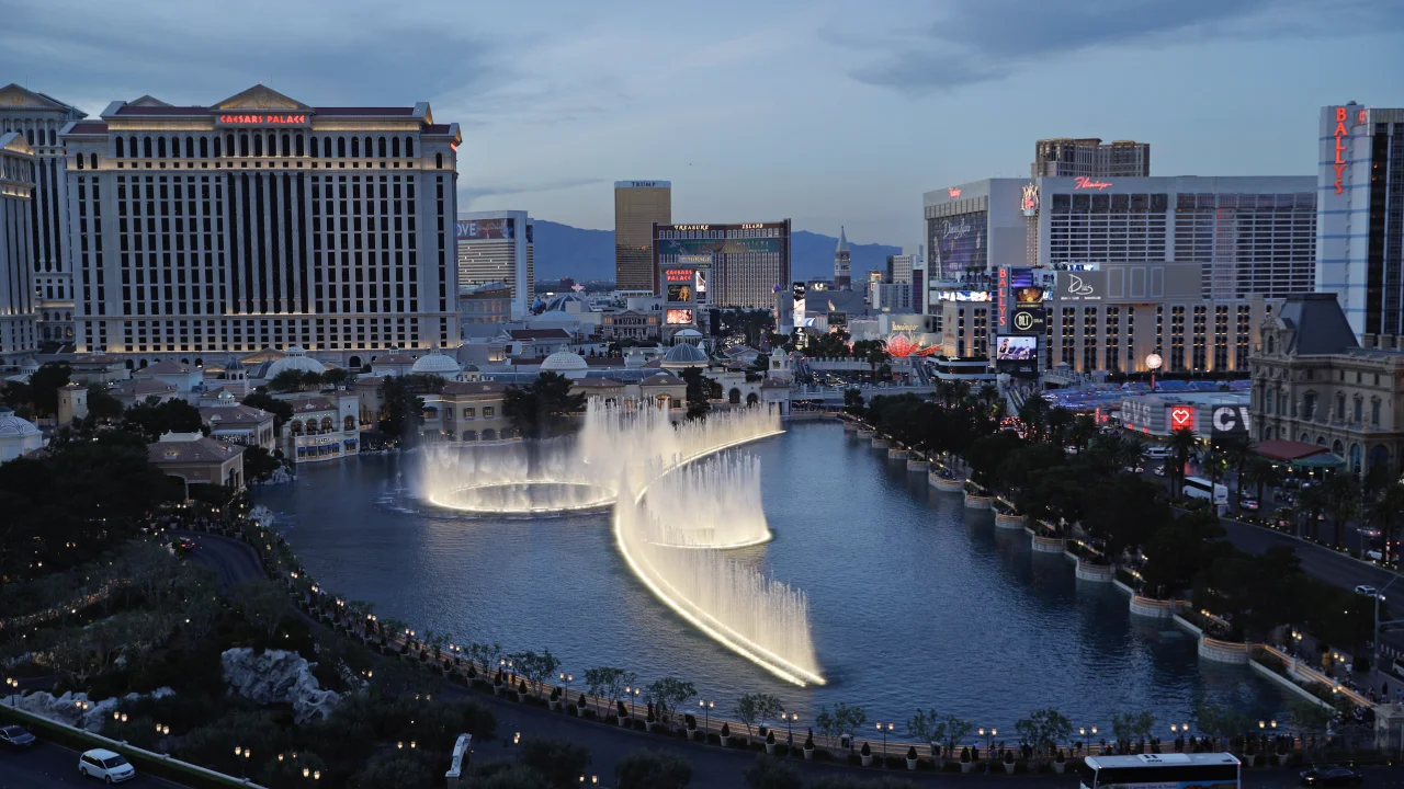 Bellagio fountains from above the Strip