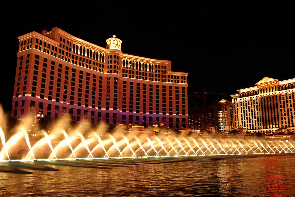 Bellagio fountains and hotel lights at night